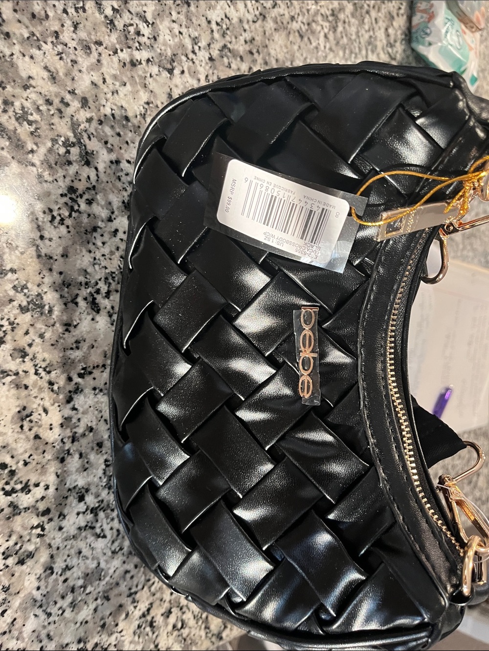 bebe Black Woven Shoulder Bag with Gold-Tone Hardware